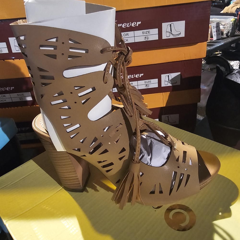Chase + Chloe Tan Cutout Lace-Up Heels